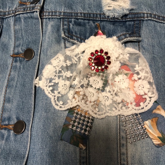 Denim Jacket with Accents of Lace Fabric and Jewels - Picture 2 of 5